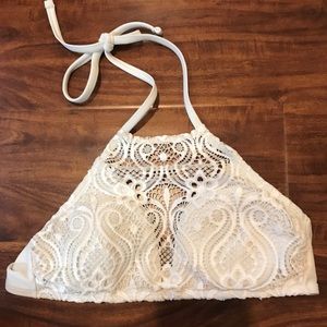 White lace high neck bathing suit